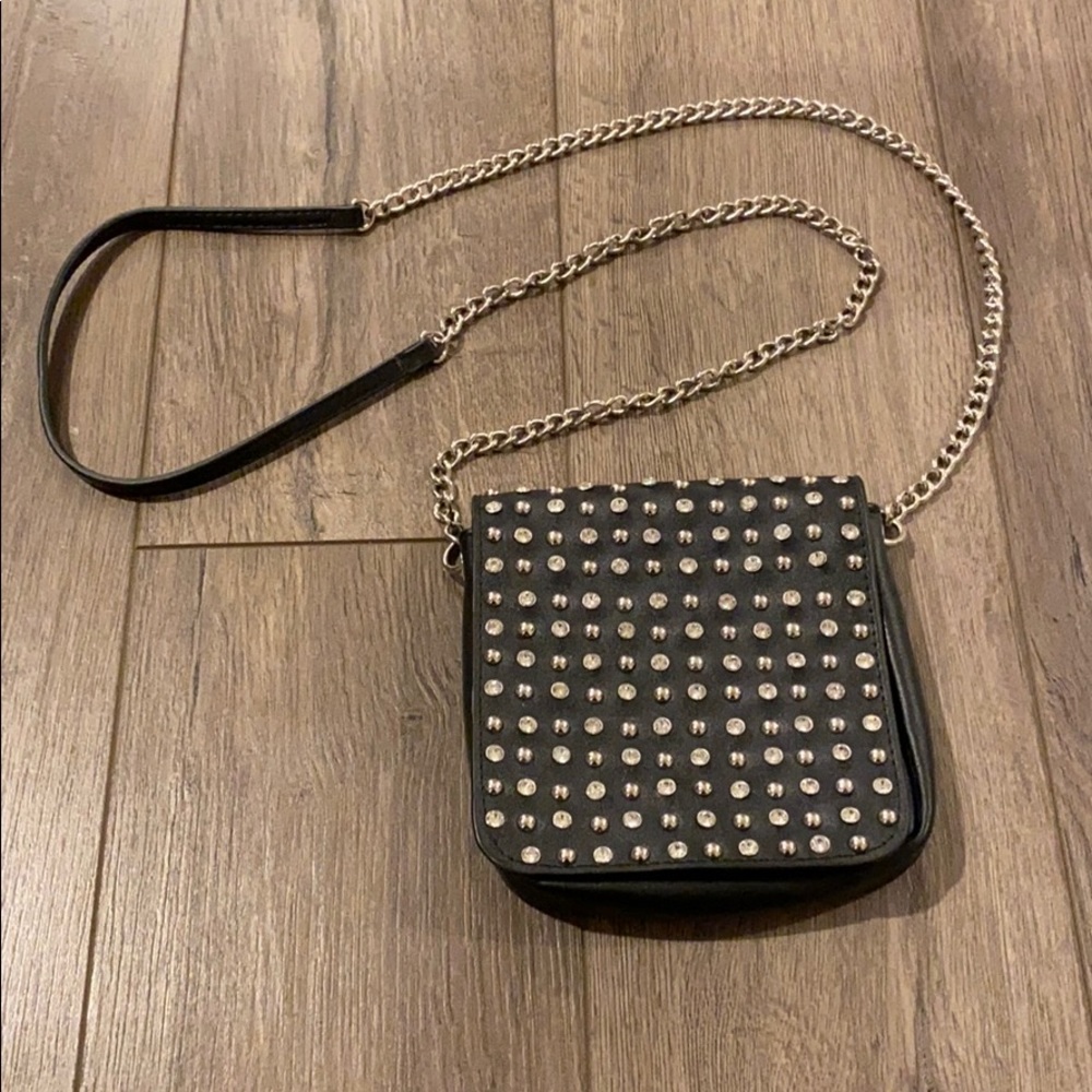 Leather bag w studs & crystals w chain strap